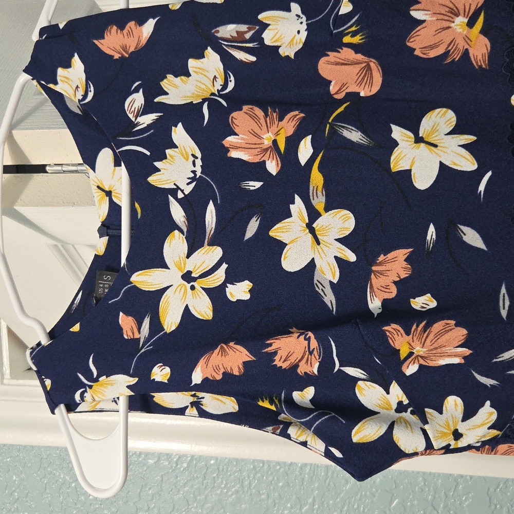 Floral Sleeveless Blouse - Navy, Yellow, Coral